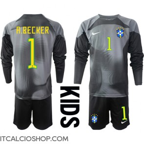 Brasile Alisson Becker #1 Portiere Prima Maglia Bambino Mondiali 2022 Manica Lunga (+ Pantaloni corti)